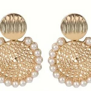Gold Mesh Disc Pearl Drop Earrings